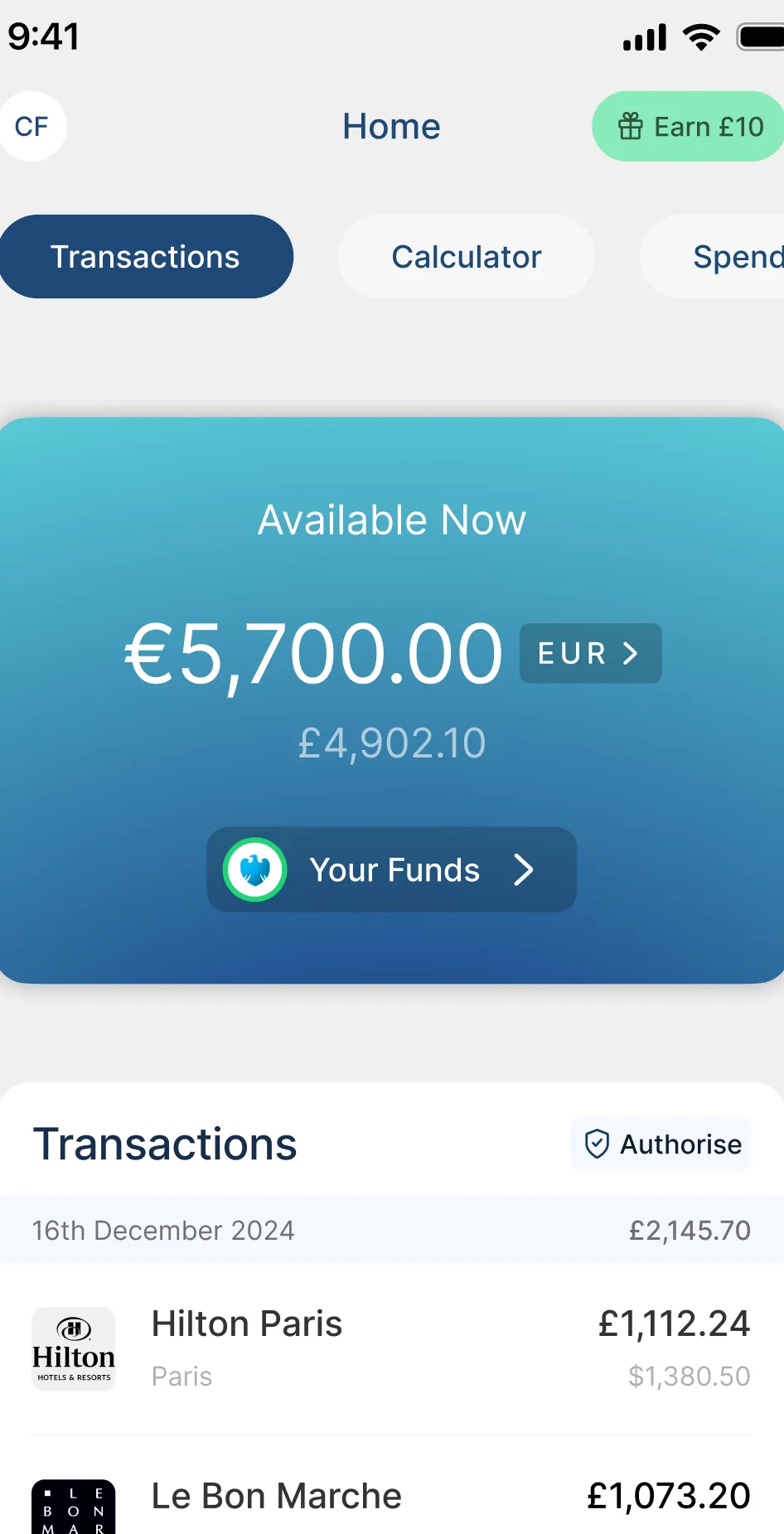 Écran d'accueil de l'application Currensea affichant un solde de voyage disponible en euros et les transactions récentes de la carte